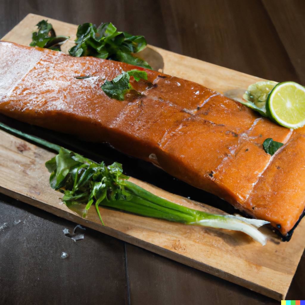 Oven-baked cedar plank salmon fillet with lemon and fresh dill