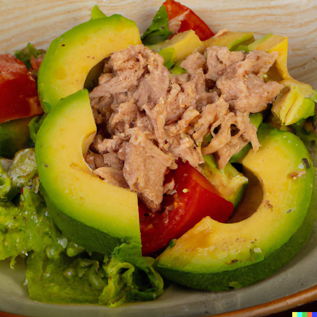 Fresh tuna salad with avocado, cherry tomatoes, and herbs in a bowl