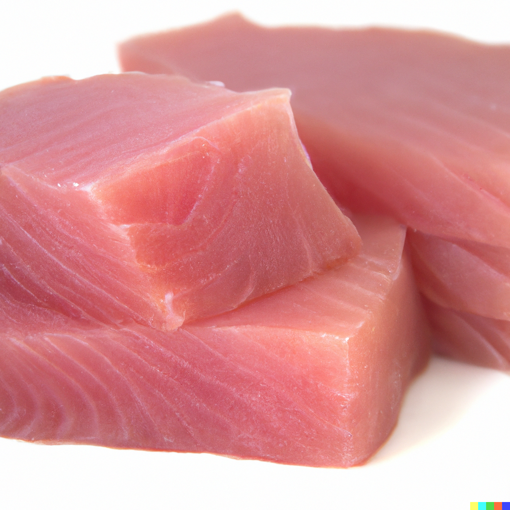 Seared tuna loin sliced on a wooden board with fresh herbs and lemon wedges