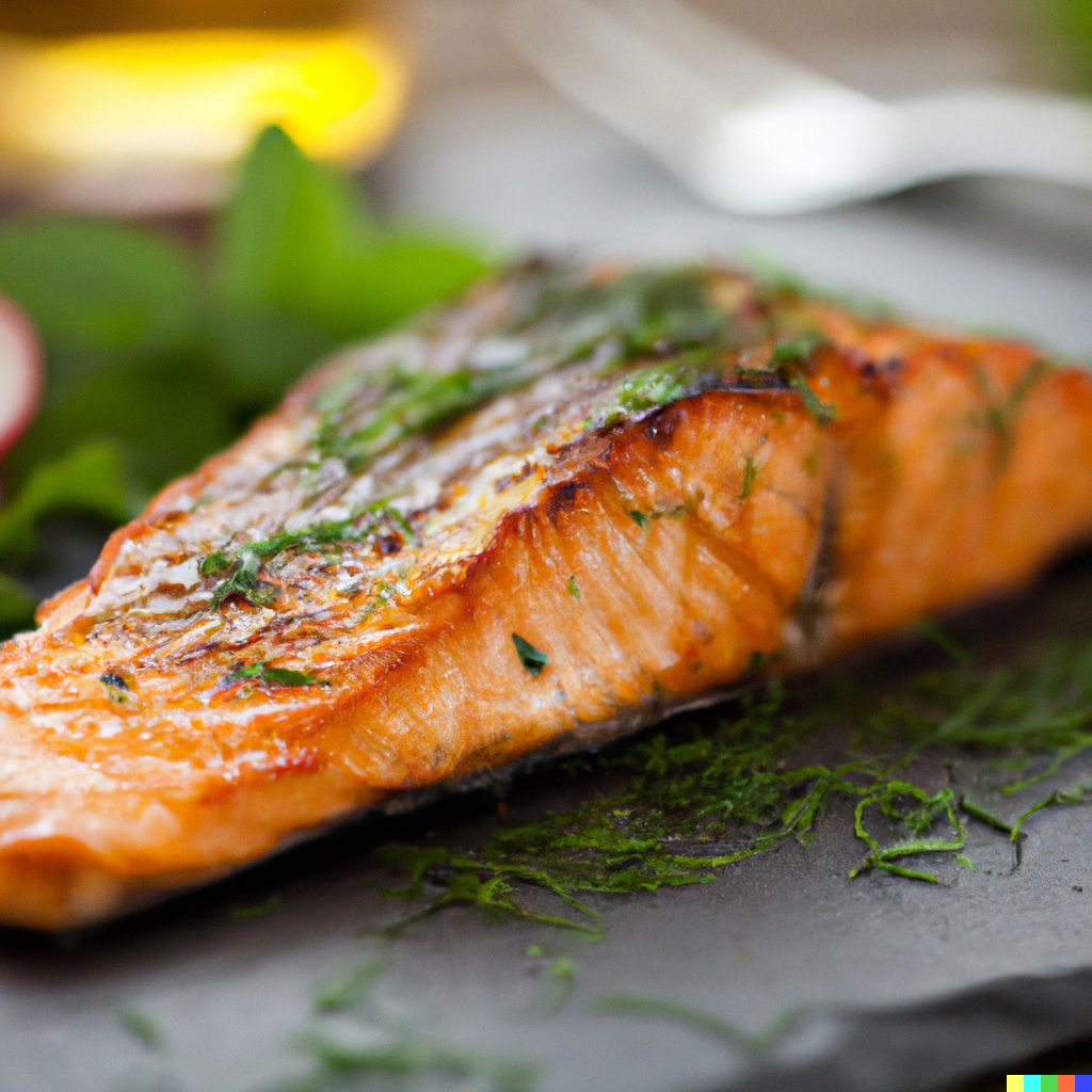 Perfectly grilled sockeye salmon fillet on a grill with lemon slices and fresh herbs