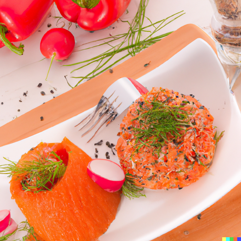 Salmon fillet sealed in a parchment paper pouch with lemon slices, herbs, and vegetables