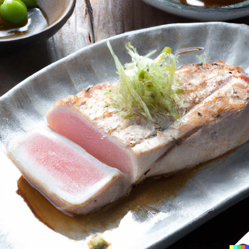 Golden-seared albacore tuna fillet on a white plate with lemon wedges and fresh herbs