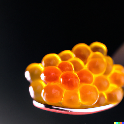 Vibrant golden salmon roe eggs glistening in a serving dish, showcasing their rich color and texture