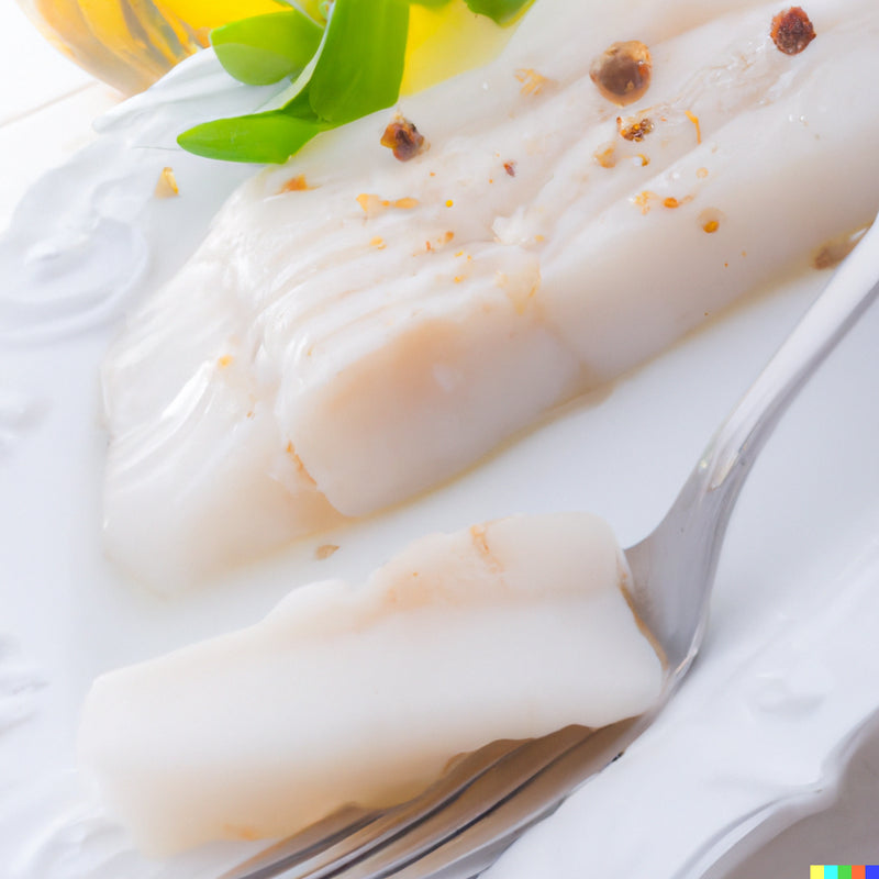 Illustration of a white fish fillet on a plate with peppercorns, greens, and a fork