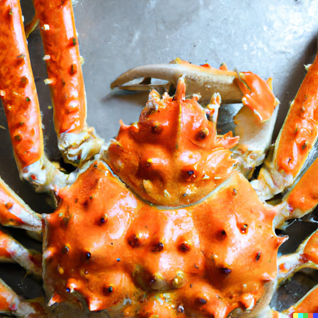 Jumbo Alaskan red king crab legs on a white platter with melted garlic butter, lemon wedges, and fresh parsley, ready to serve