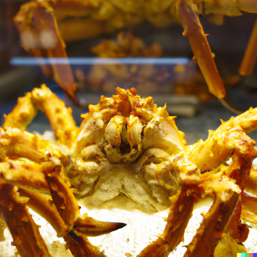 Golden King Crab legs with golden shell and succulent white meat, served with garlic butter and lemon on a premium seafood platter