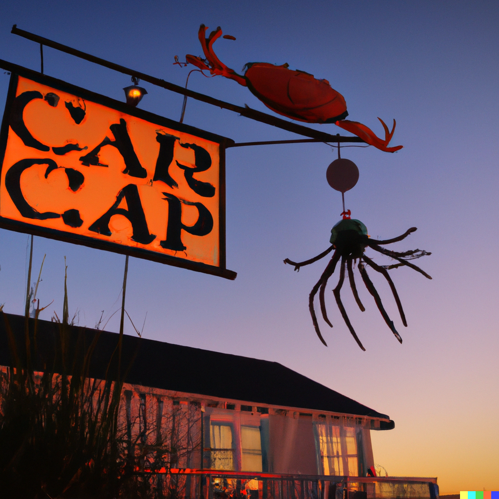 Outdoor oceanfront dining at Sunset Crab Shack with crab legs, shrimp, and cocktails at golden hour