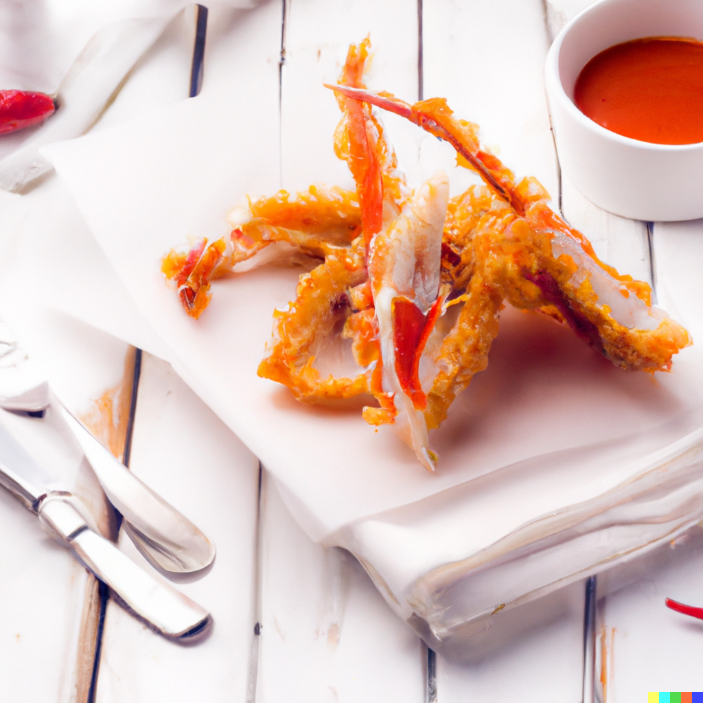 Golden crispy fried snow crab claws on a white plate with garlic butter dipping sauce, lemon wedges, and fresh parsley