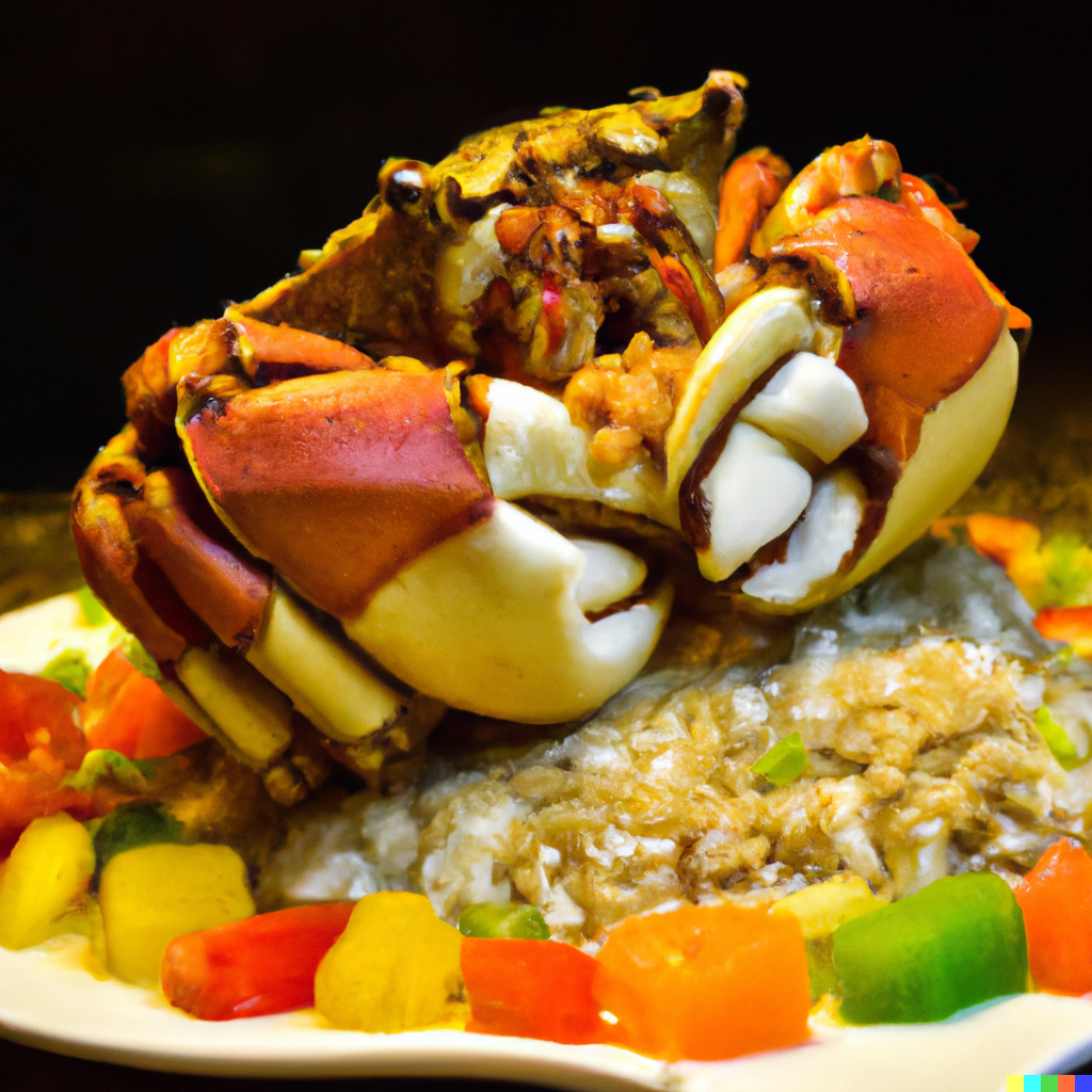 Dungeness crab meat sautéed out of shell with garlic, red and green bell peppers, and a golden Parmesan breadcrumb crust — a gourmet preparation that showcases the sweet, delicate flavor of Dungeness crab