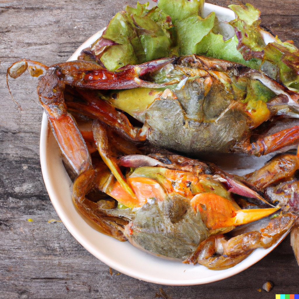 Marinated crab pieces in soy-garlic marinade with sesame oil, ginger, and green onions