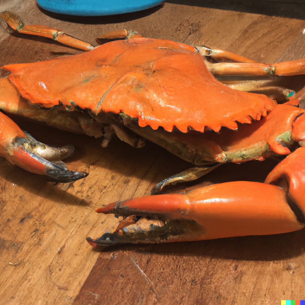 Steamed Maryland blue crabs seasoned with Old Bay on a newspaper-covered table