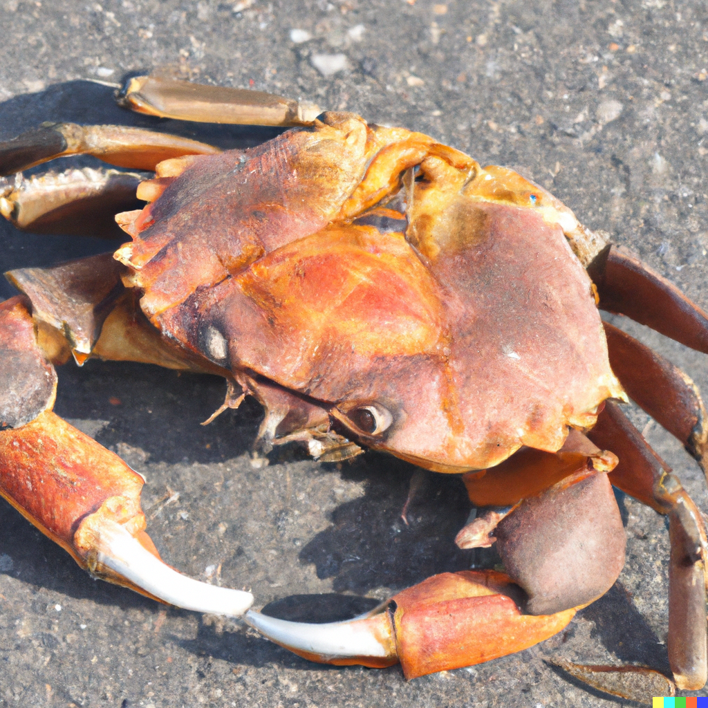 Illustrated deep-sea crooked crab with curved claws and iridescent blue-purple shell resting on a rocky Pacific Ocean floor