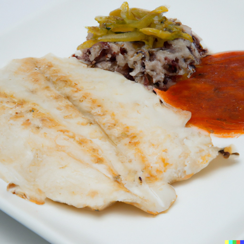 White fish fillets on a plate with vegetables, red sauce, and rice