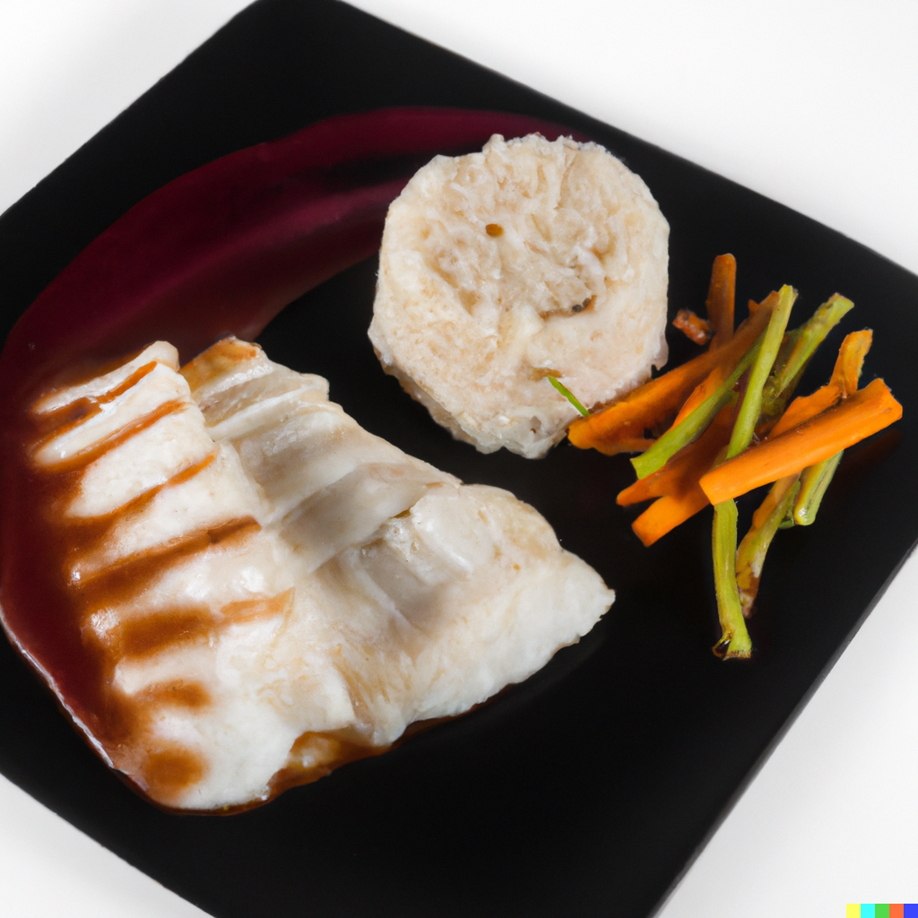 Pollock fish fillet on a black plate with vegetables, red sauce, and rice in an Asian-inspired presentation