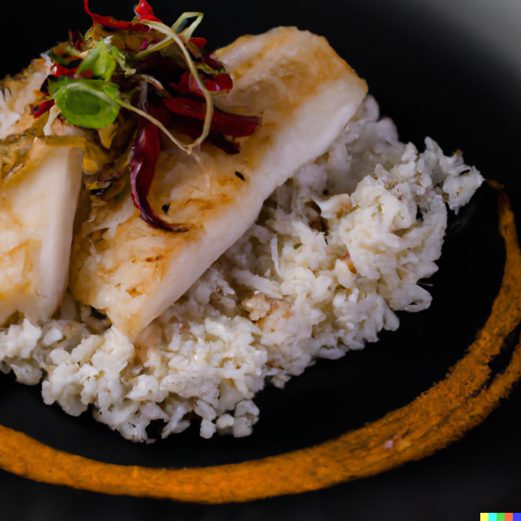 Fresh white pollock fillets on a black plate with vegetables, red sauce, and rice