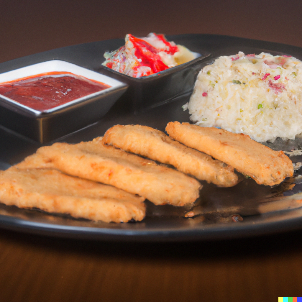 Fried white fish fillets on a black plate with vegetables, red sauce, and rice