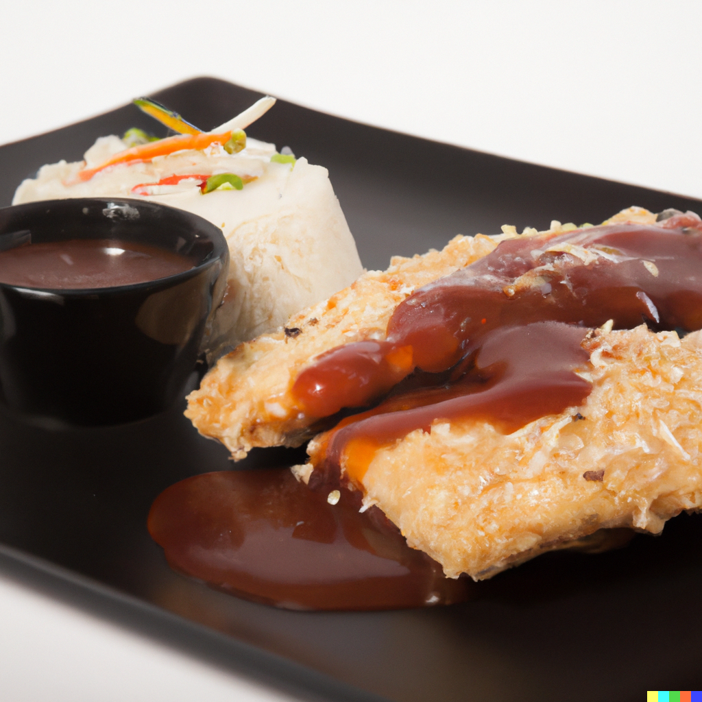 Crispy fried white fish fillets on a black plate with vegetables, red sauce, and rice