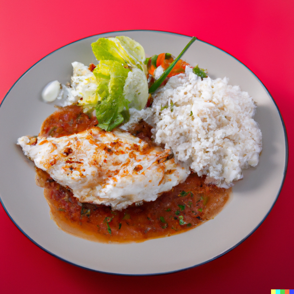 Baked white fish fillet on a red plate with vegetables, red sauce, and rice