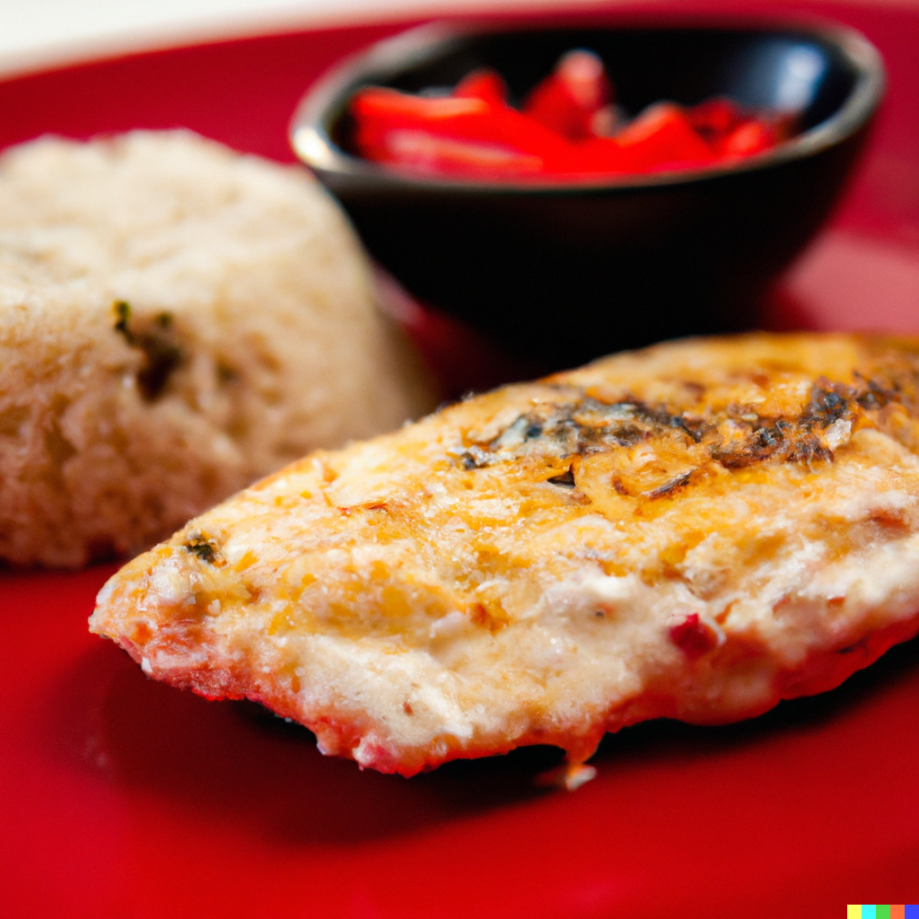 Cooked Alaska pollock fillet served with vegetables and rice