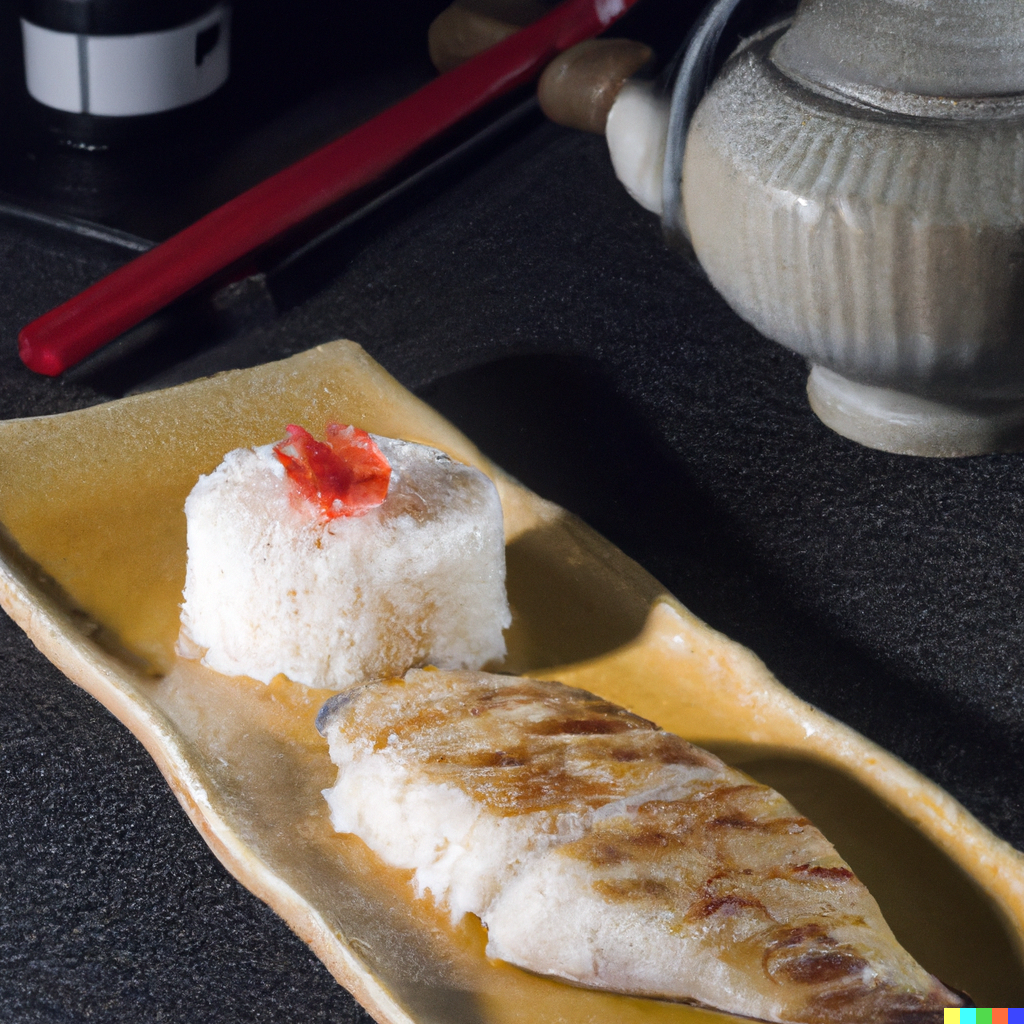 Broiled miso-marinated black cod sablefish fillet with caramelized glaze on a Japanese ceramic plate