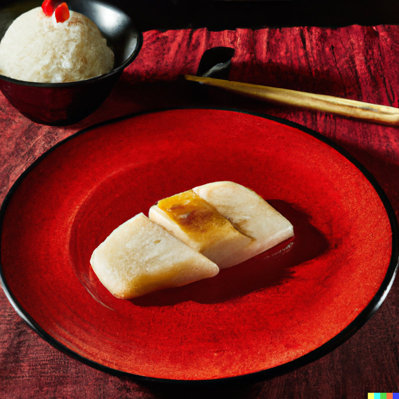 Illustration of glazed white fish on a red plate with rice and chopsticks