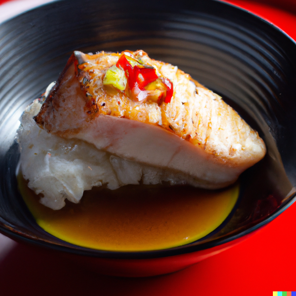Miso-glazed sablefish fillet served on a Japanese-style red plate with rice