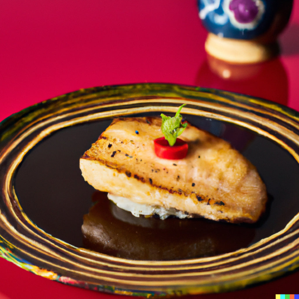 Illustration of a browned fish portion over rice on a dark plate.