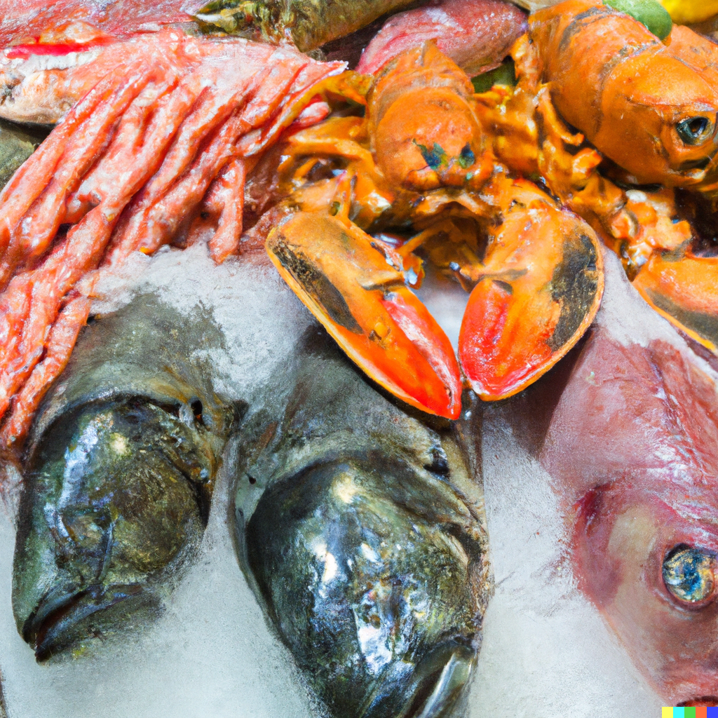 Bustling seafood market counter with lobster, salmon, monkfish, and sardines arranged on ice