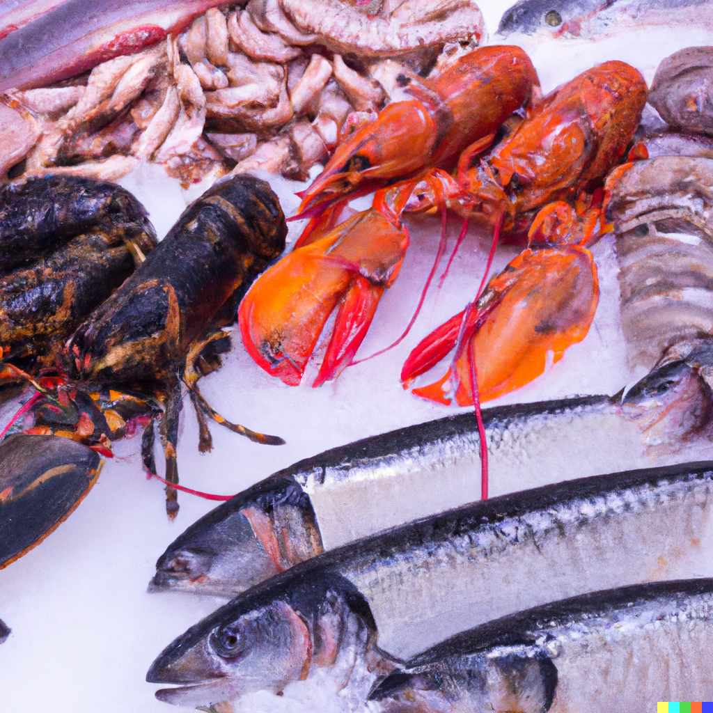 Vibrant seafood market stall with lobster, salmon, monkfish, and sardines displayed on ice