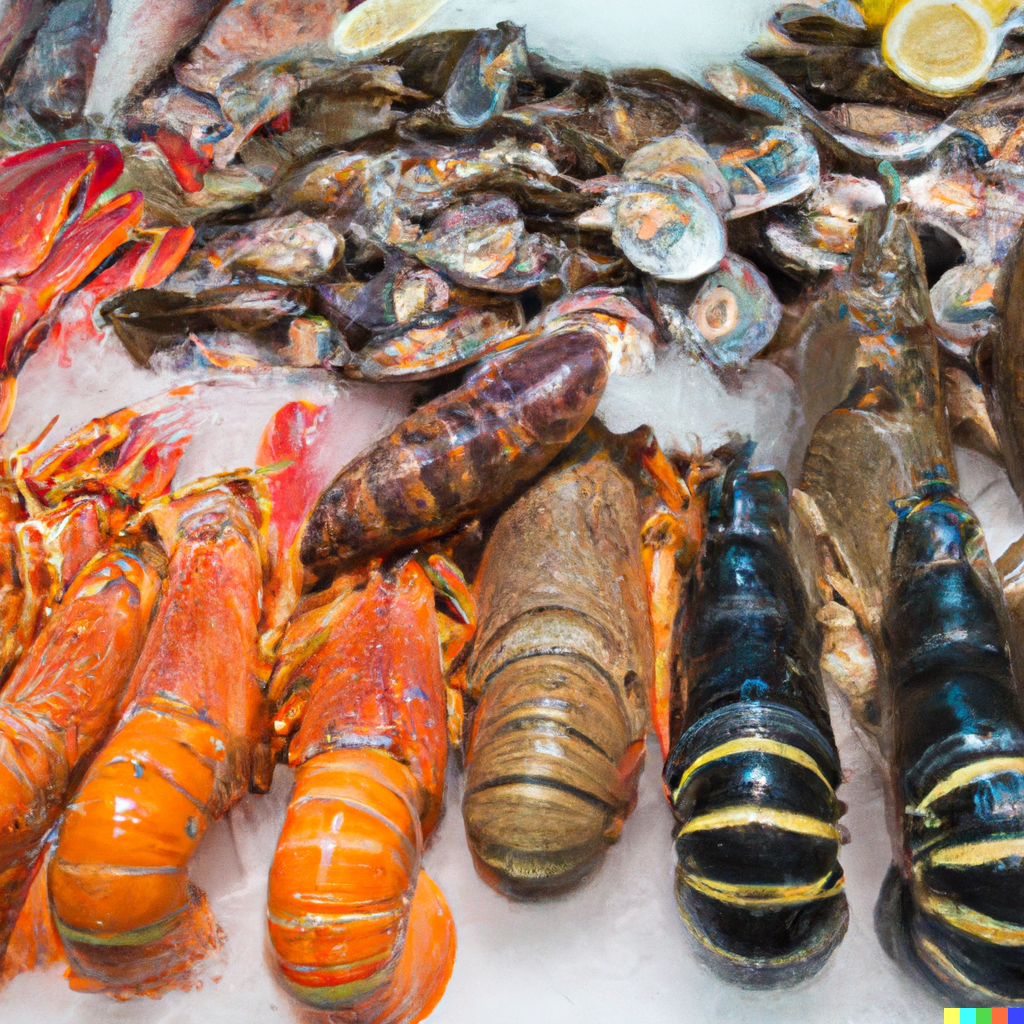 Colorful seafood market display with lobster, salmon, sardines, and fresh fish on ice