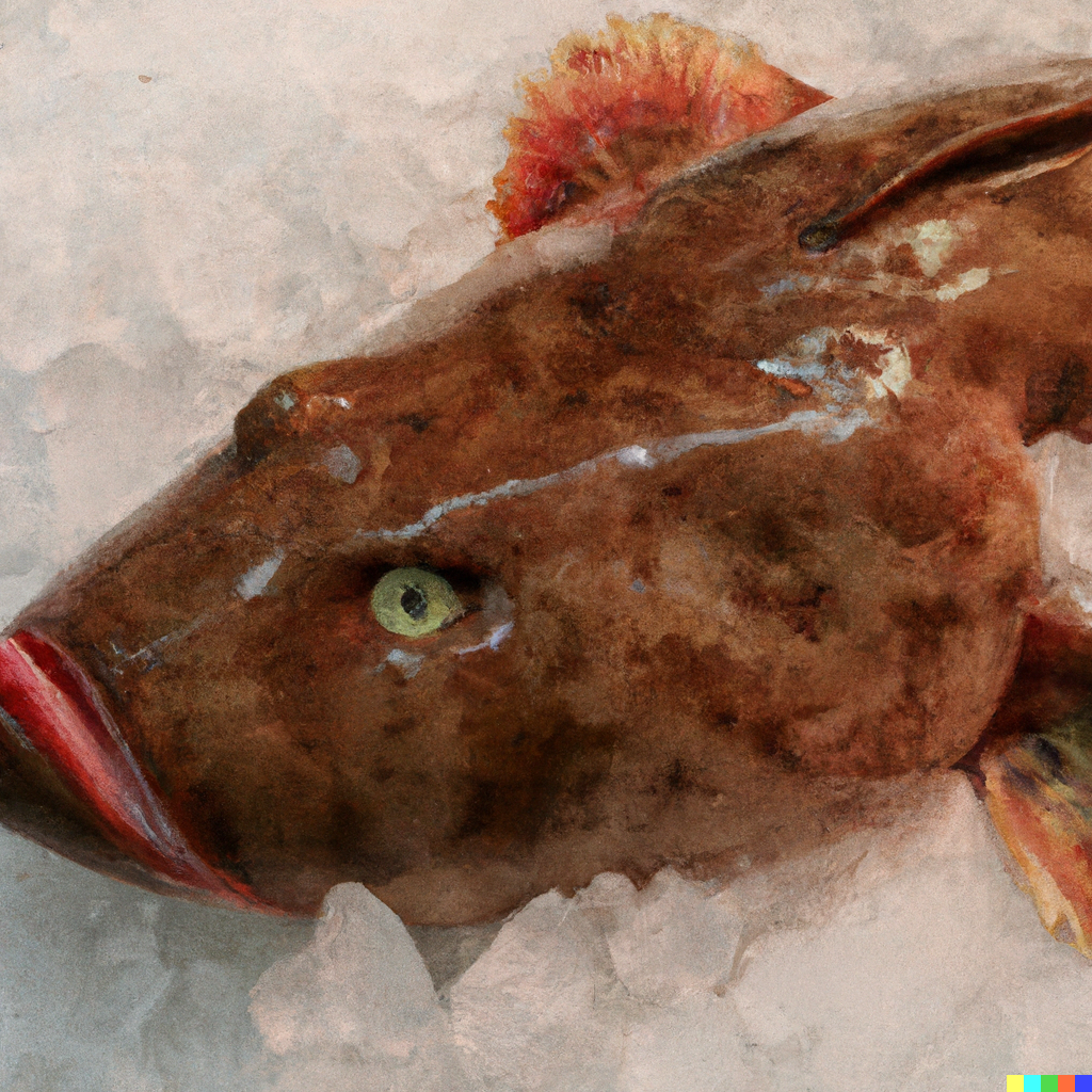 Whole monkfish tail on ice at a seafood market, showing its firm pale flesh