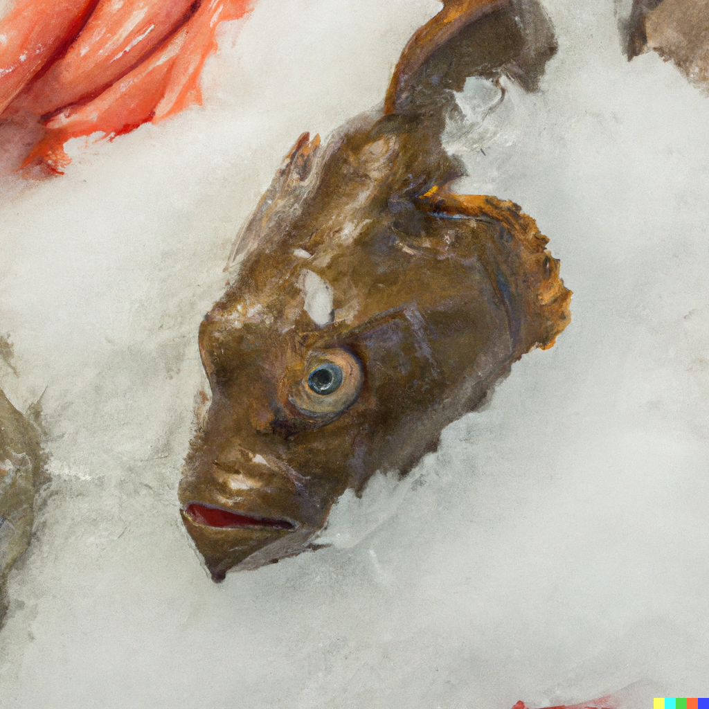 Fresh monkfish tail on ice at a seafood market, showing its firm white flesh