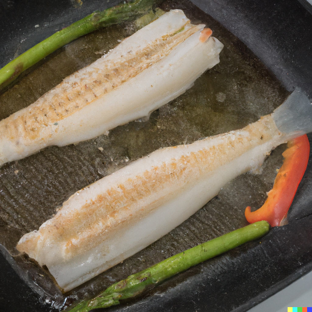 Monkfish tail fillet cooking in a pan with vegetables