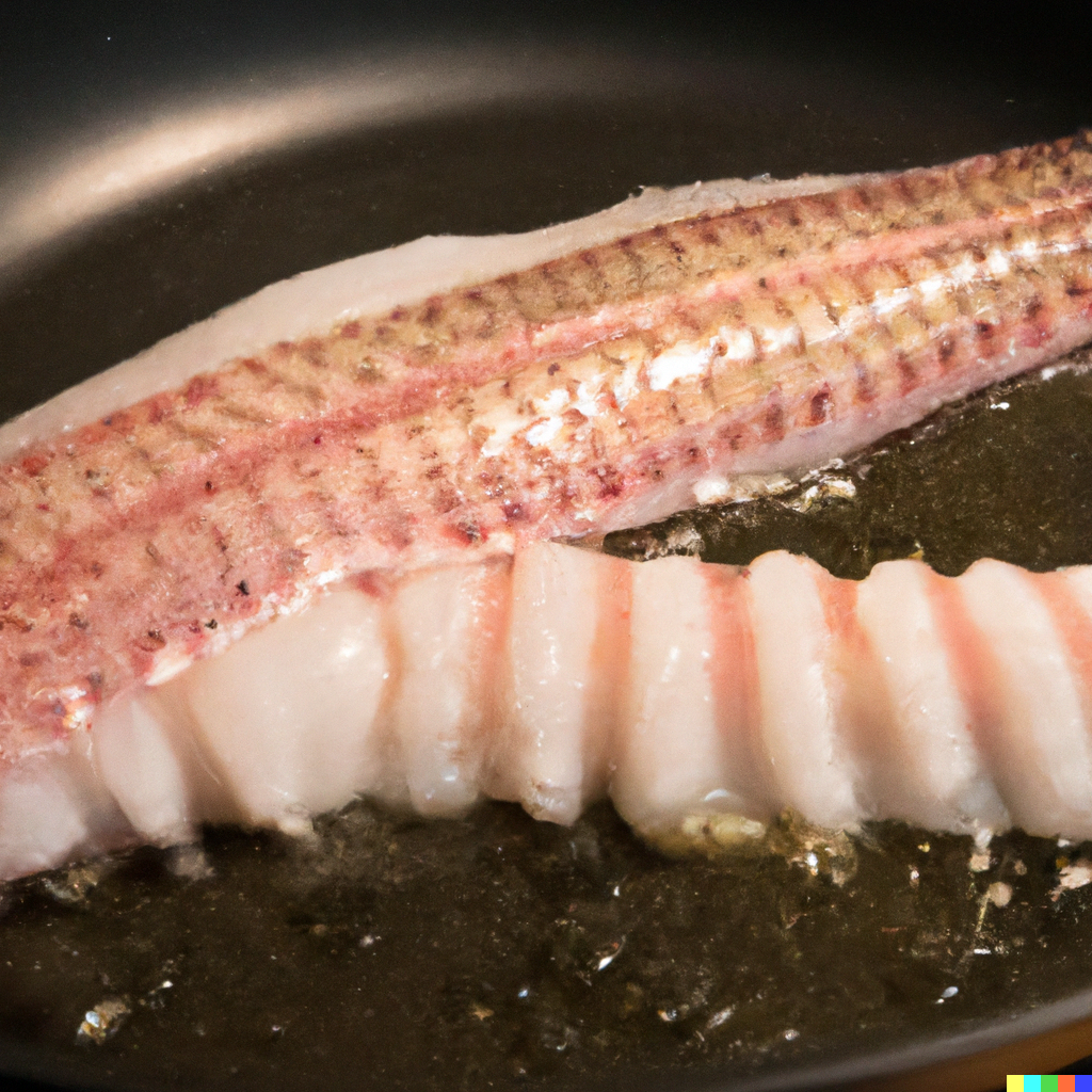 Monkfish tail fillet searing in a pan with vegetables