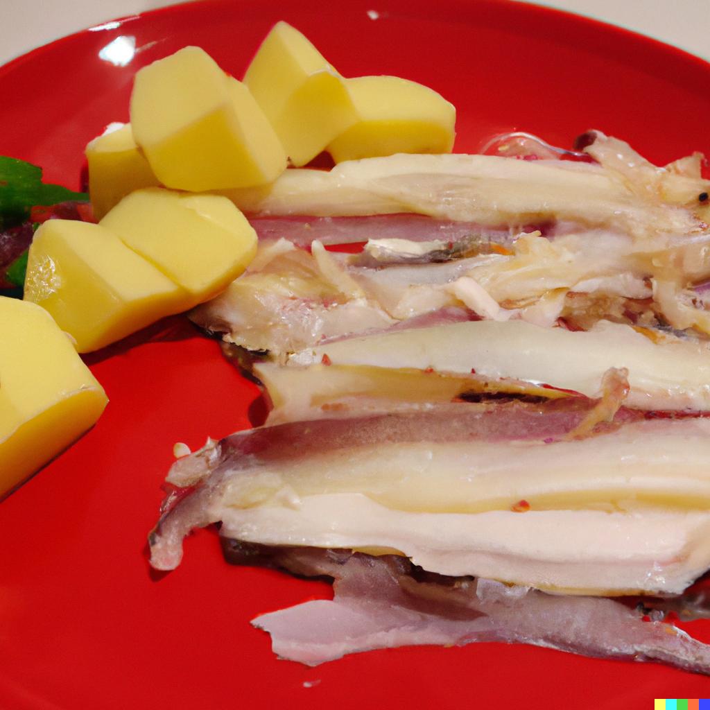 Monkfish tail fillet on a red plate with vegetables and potatoes