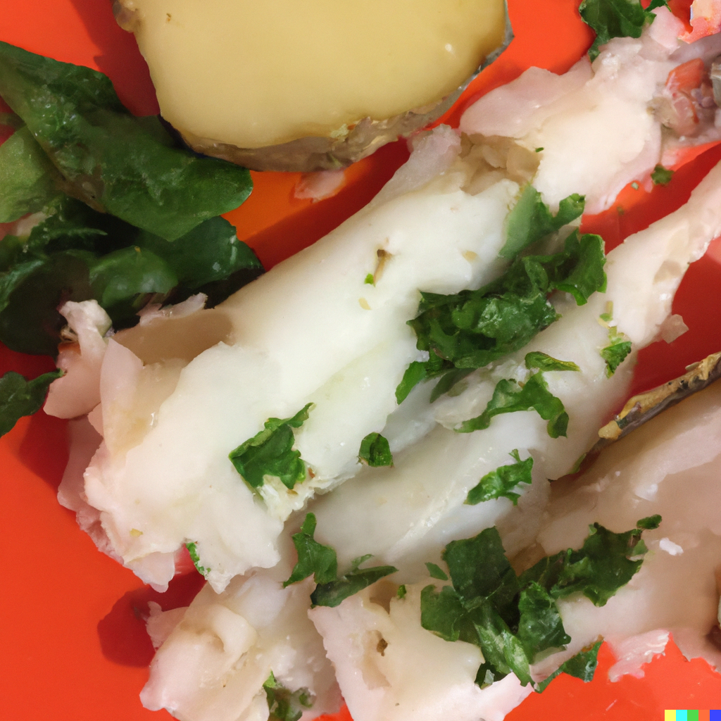 Monkfish tail fillet on a red plate with vegetables and potatoes
