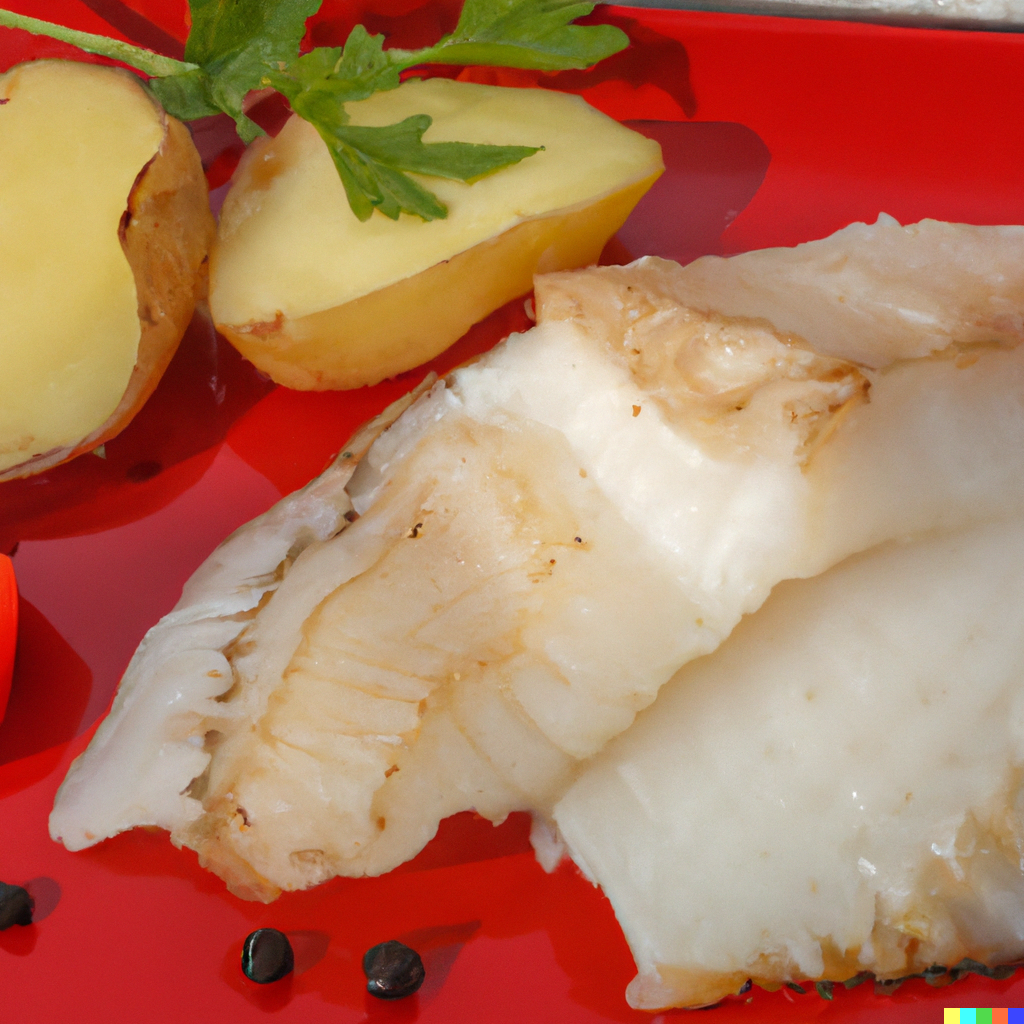 Plated monkfish tail on a red plate with roasted vegetables and potatoes