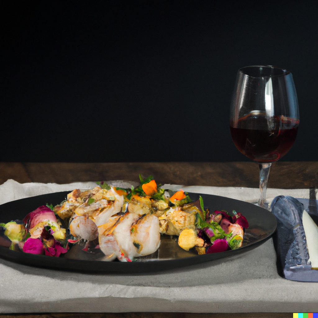 Plated monkfish tail on a black plate with roasted vegetables, potatoes, and a glass of red wine