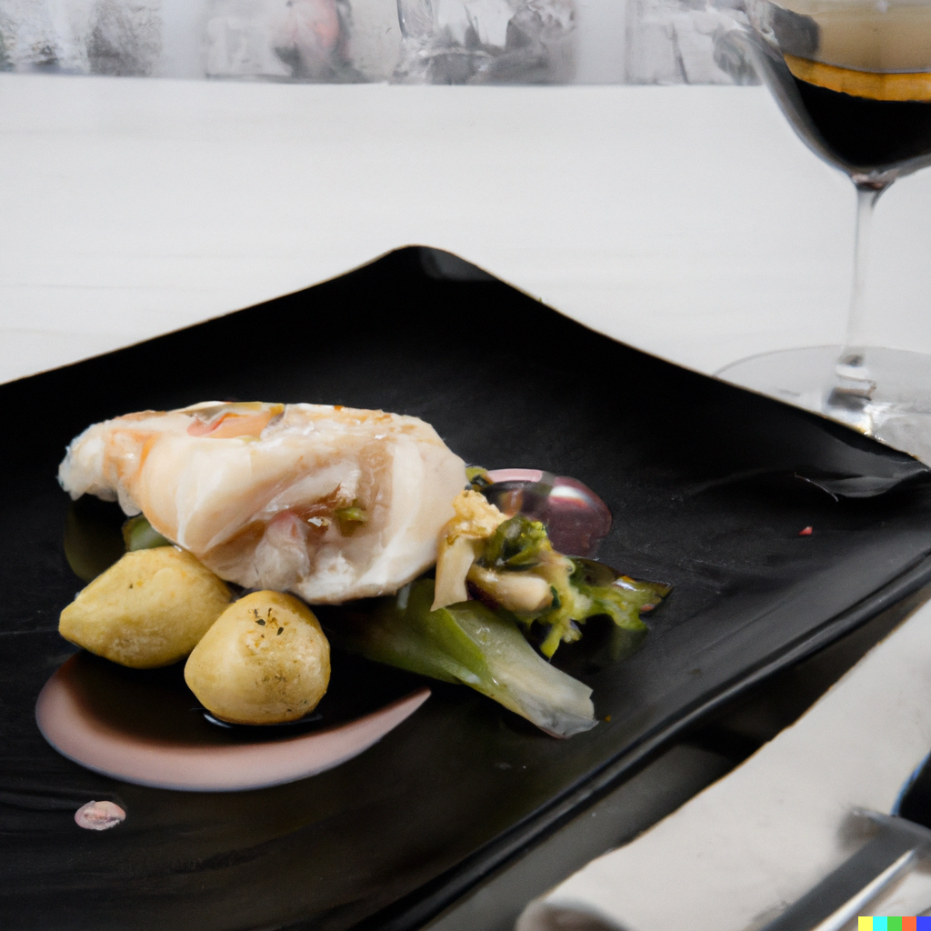 Plated monkfish tail on a black plate with roasted vegetables, potatoes, and a glass of red wine