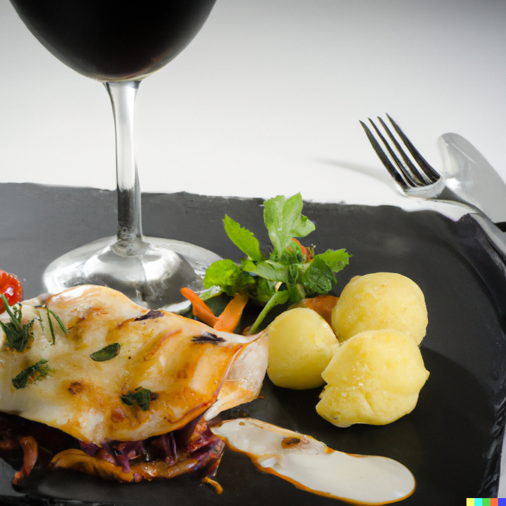 Plated monkfish tail on a black plate with roasted vegetables, potatoes, and a glass of red wine
