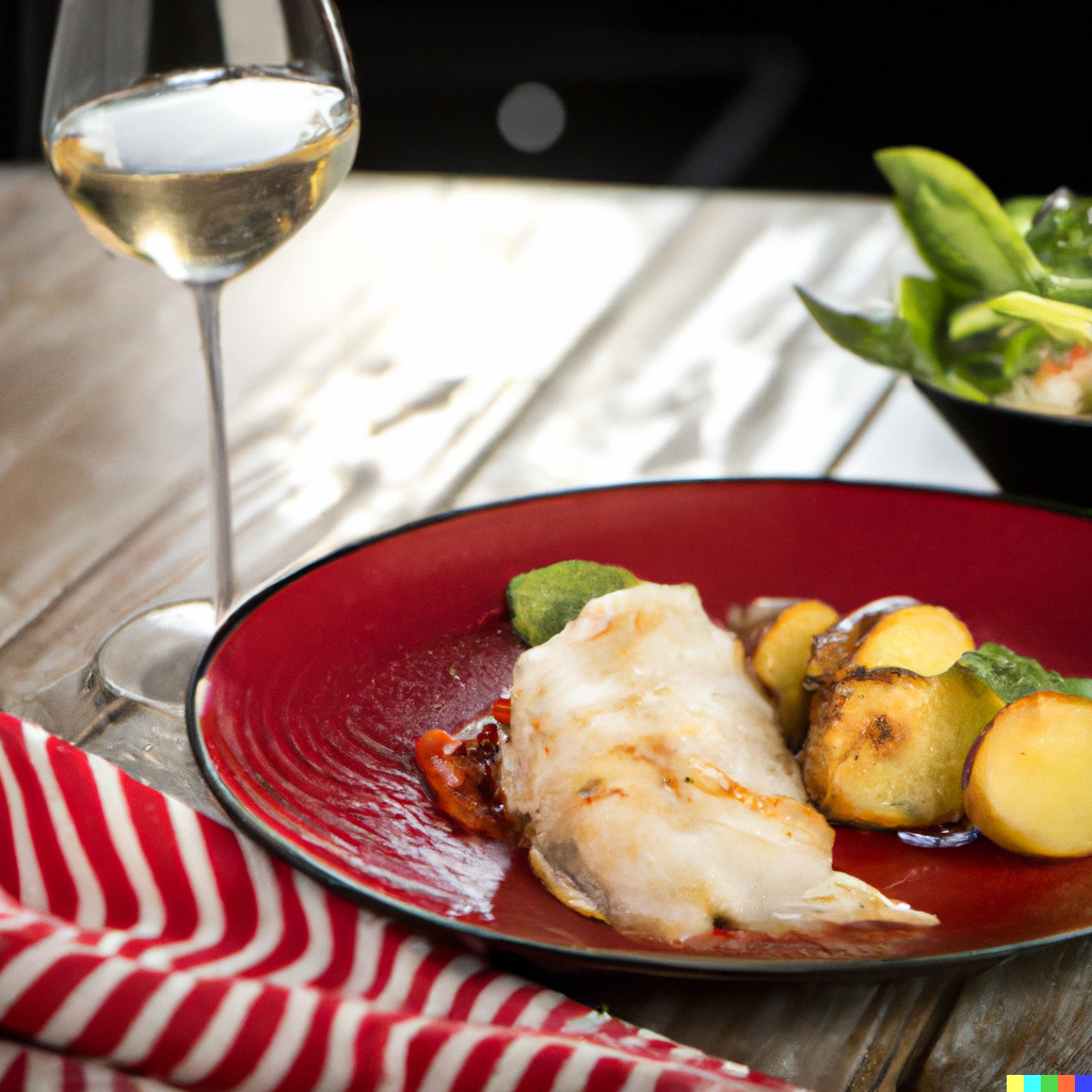 Plated monkfish tail on a red plate with roasted vegetables, potatoes, and a glass of white wine
