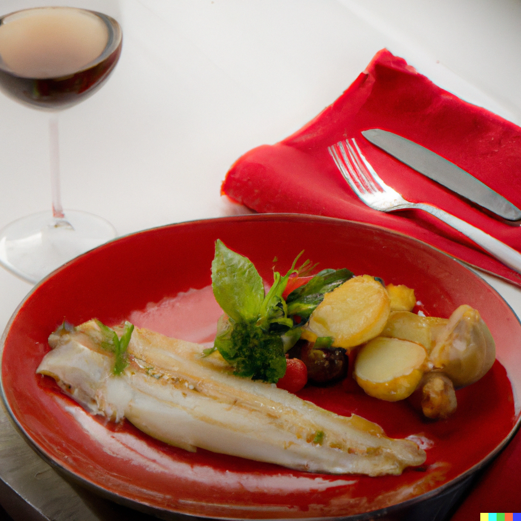 Plated monkfish tail on a red plate with roasted vegetables, potatoes, and a glass of white wine
