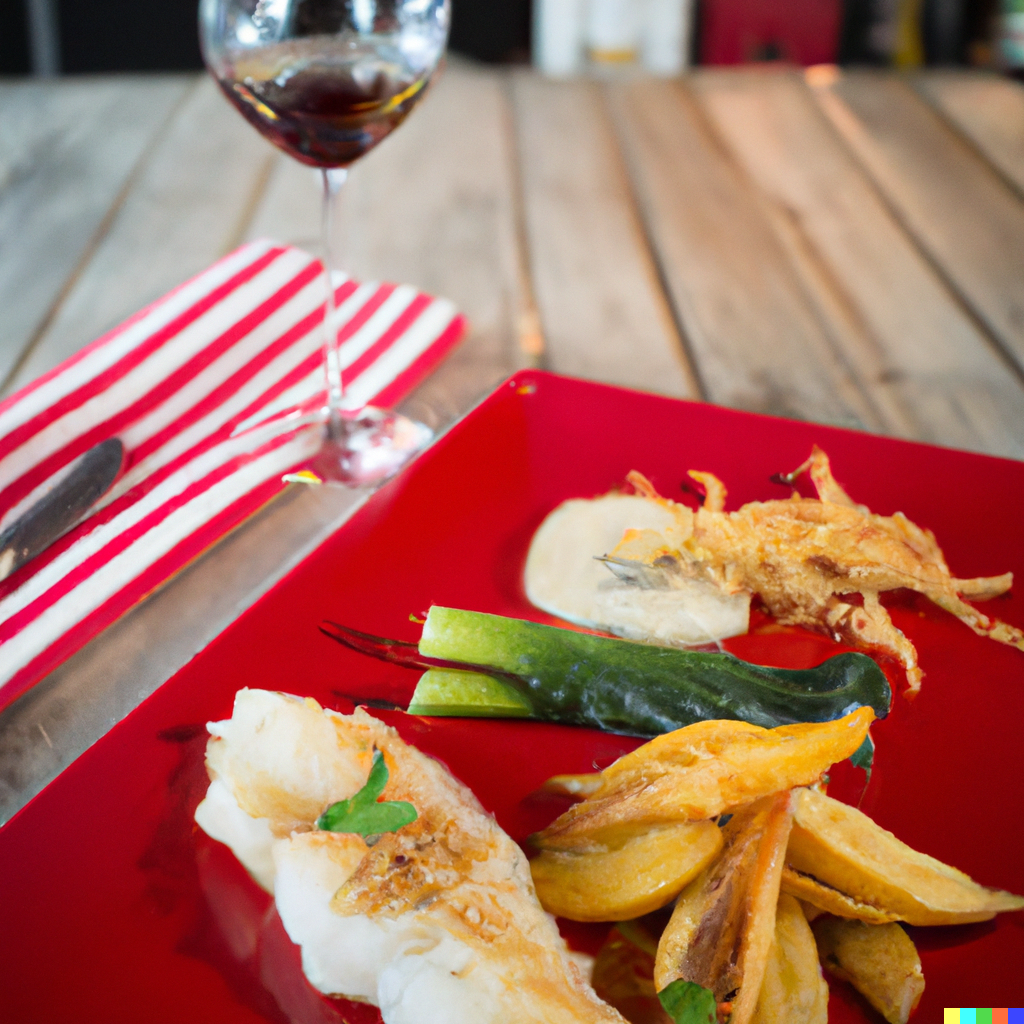 Plated monkfish tail on a red plate with roasted vegetables, potatoes, and a glass of white wine