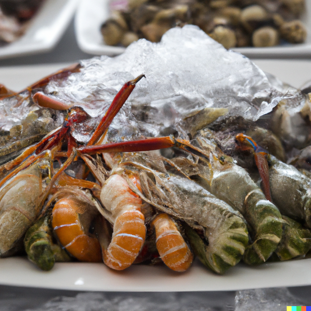 Close-up of fresh seafood on ice with sustainability certification labels visible on packaging