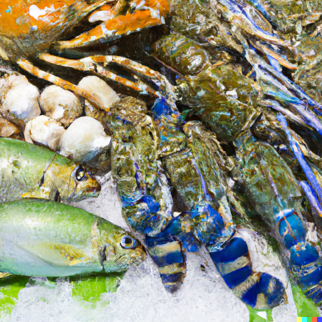 Smartphone displaying a seafood shopping app with fresh fish, crab, and caviar products on screen