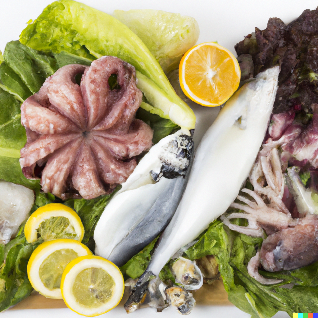 A home cook preparing fresh seafood — fish fillets, shrimp, and shellfish arranged on a kitchen counter ready for cooking, illustrating the complete guide to cooking seafood at home