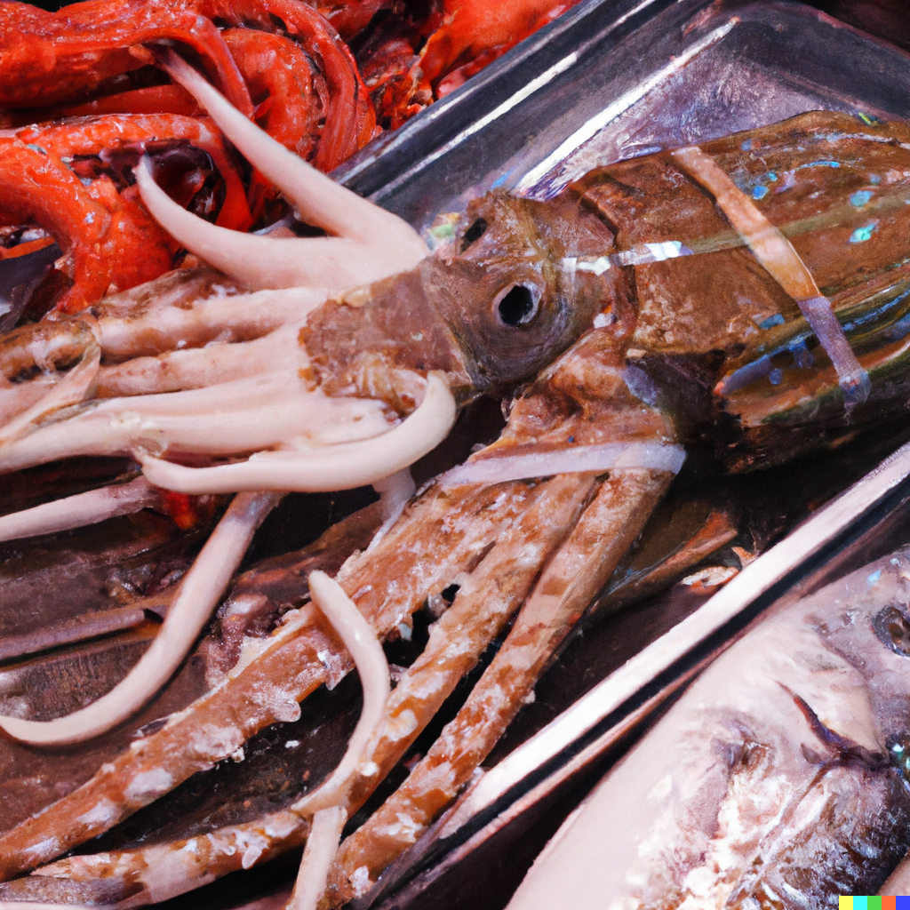 Fresh squid, tuna, and lobster displayed together representing sustainable seafood choices