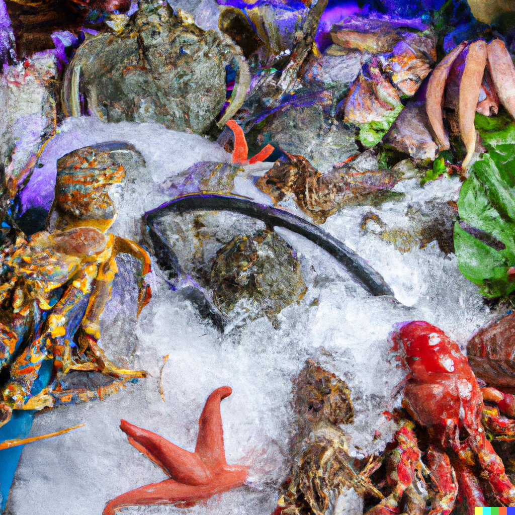 Fresh seafood display with squid, tuna, and lobster — comparing seafood market vs. grocery store quality