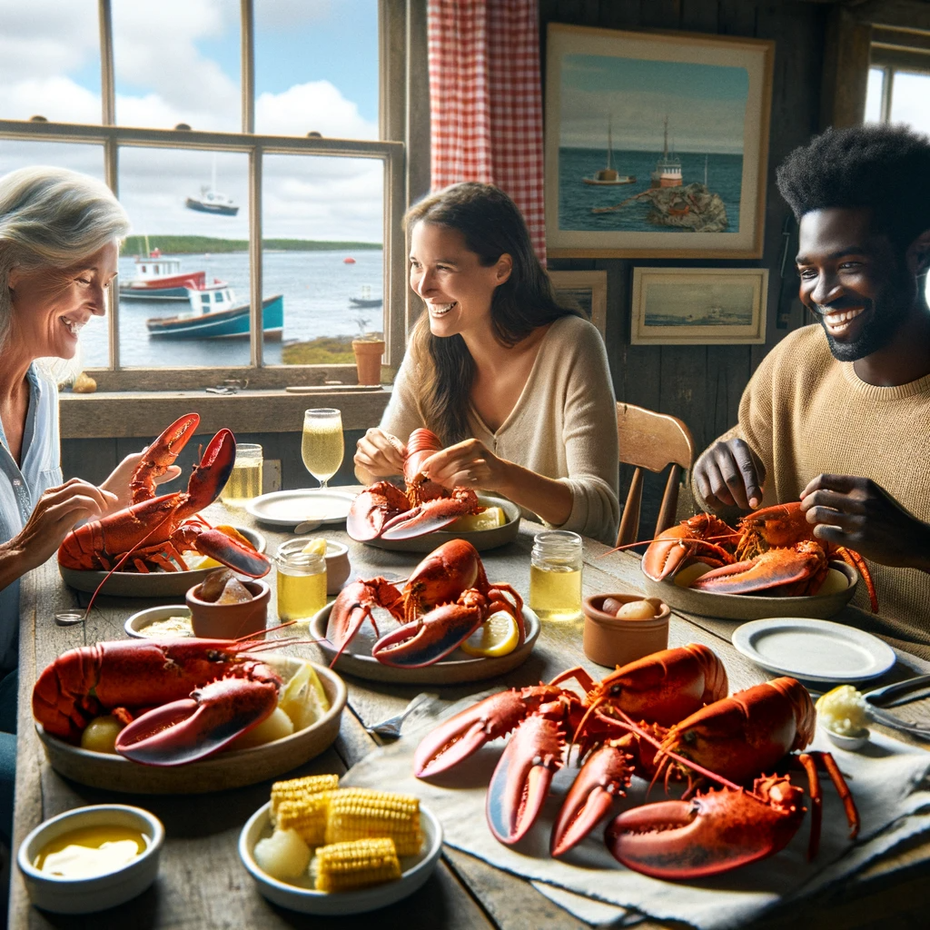 A bright red cooked Maine lobster on a wooden table with drawn butter, lemon wedges, and crackers — the classic New England seafood feast that first-time lobster eaters dream about