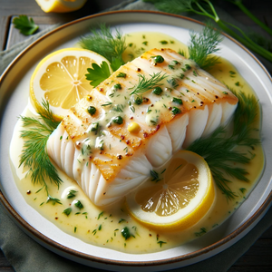 A plate of perfectly cooked white fish fillets drizzled with a creamy lemon butter sauce, garnished with fresh herbs